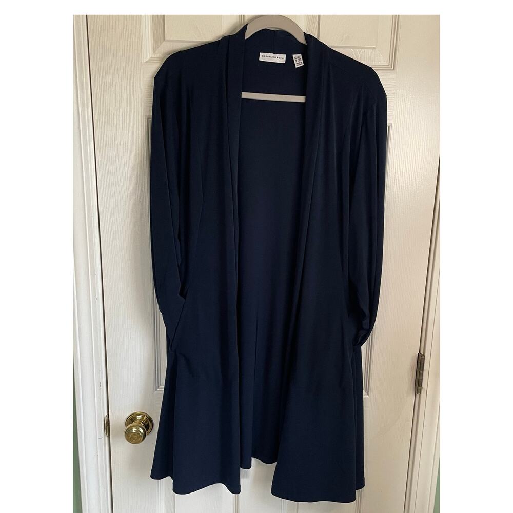 Susan Graver Liquid Knit Longline Cardigan Sz 2XP Pockets Open Front Navy Chic - Picture 5 of 10